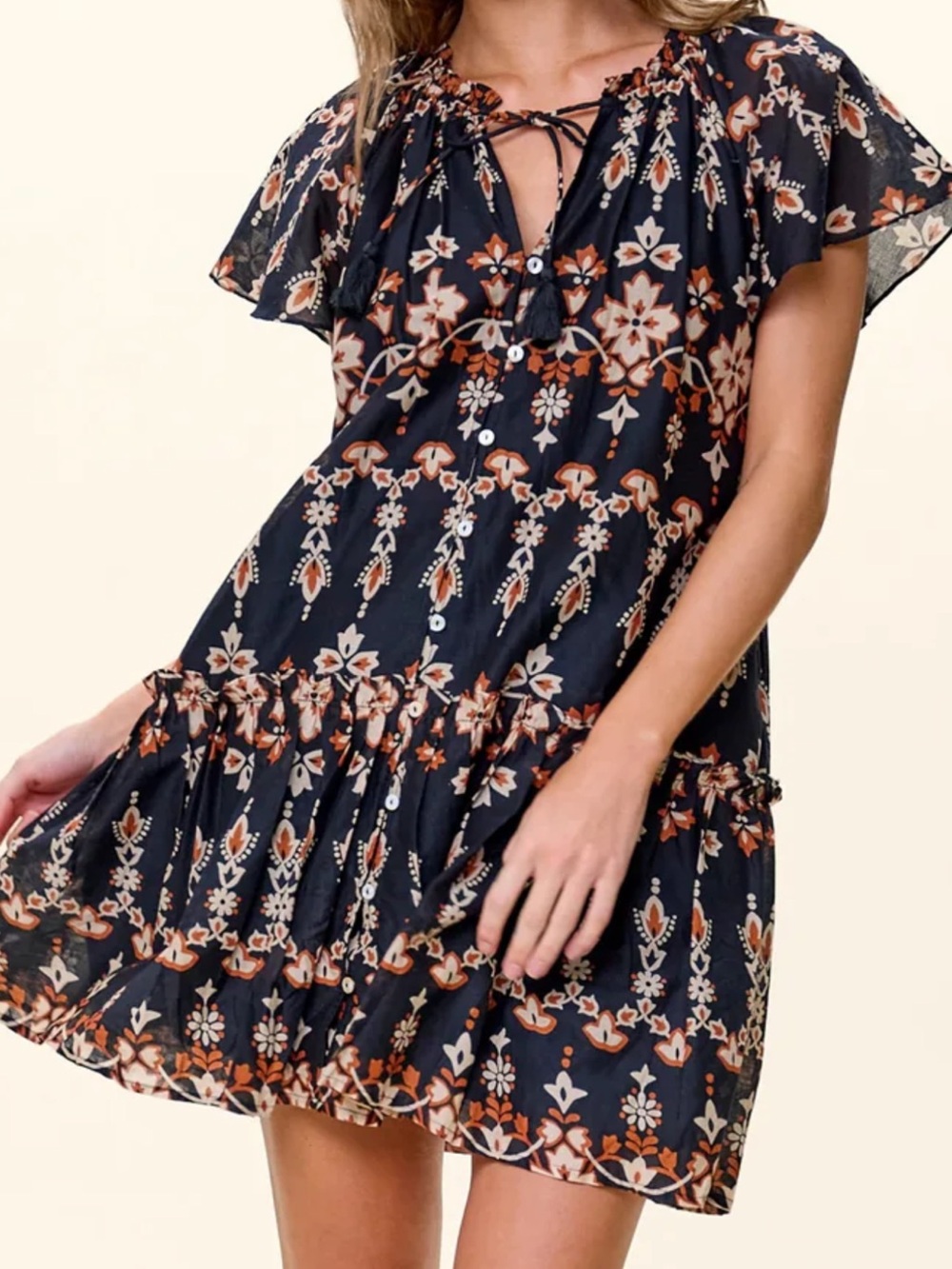 Cleobella Black Floral Tie-Neck Mini Dress
